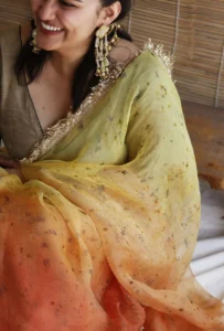 Natural Flower Dyed Ombre Organza Silk Saree with Gota Border