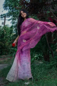 Natural Flower Dyed Jamun Hand Embroidered Organza Silk Saree